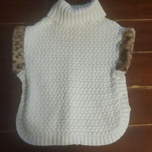 Cream Turtleneck Knit Poncho with Faux Fur Trim